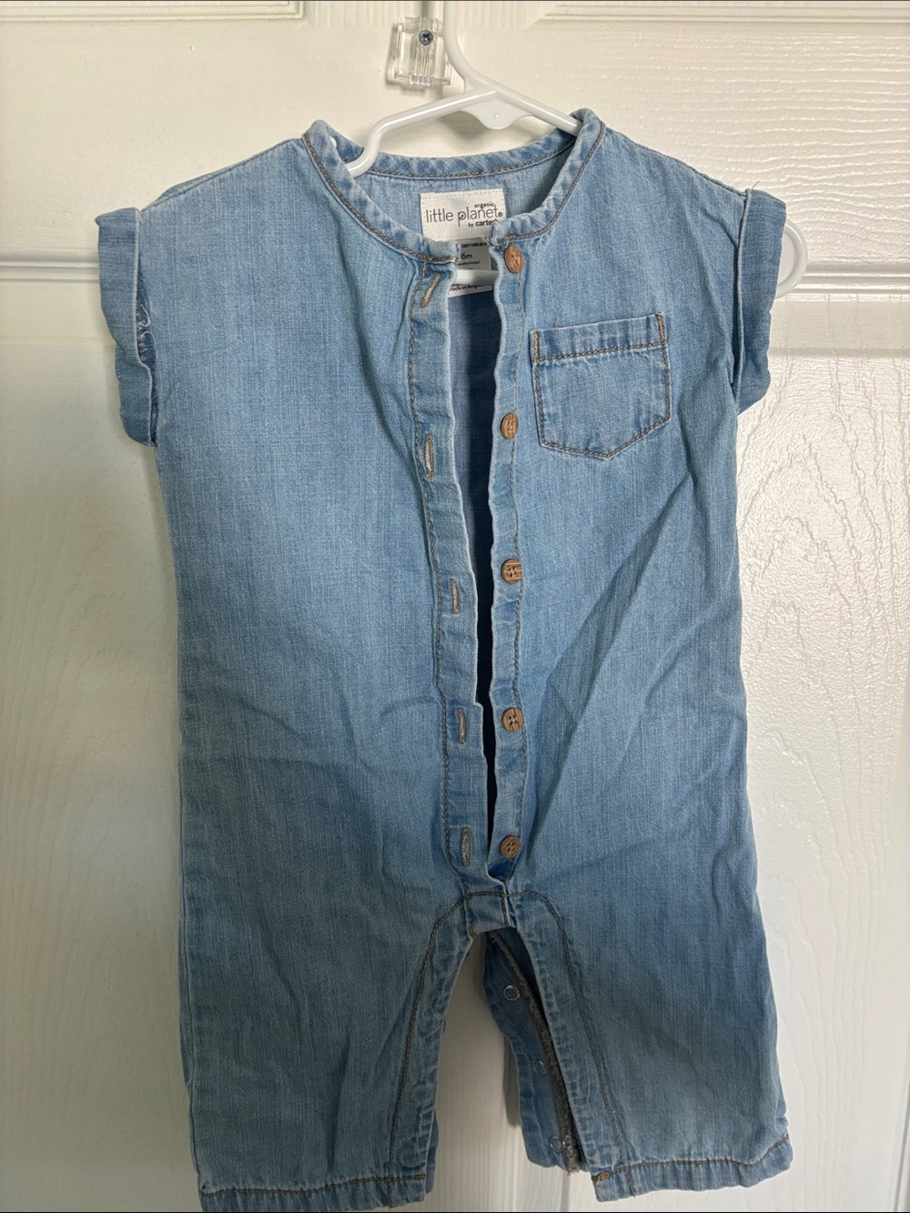 6 mos. Light Blue Denim Romper- 100% organic cotton